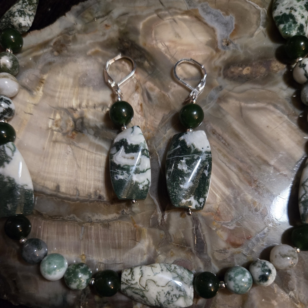 Artisan Green and White Tree Agate Necklace And Earring Set With Green Nephrite
